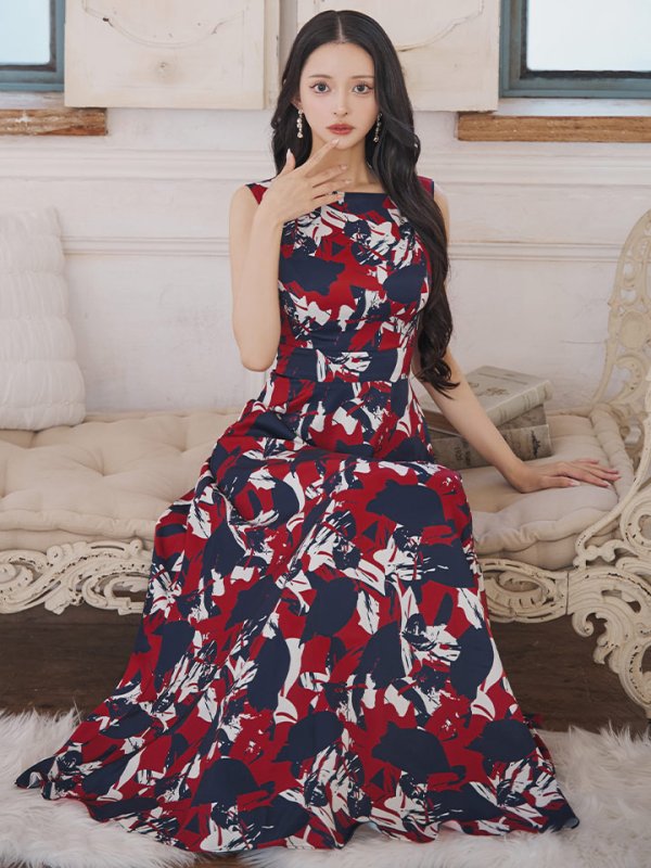 画像4: XS-Lサイズあり 【GINZA COUTURE/銀座クチュール】ペイントプリント/ トリコロール/ ノースリーブ/ Aライン/ ワンピース/ ロングドレス/ キャバドレスlong[OF2] (4)