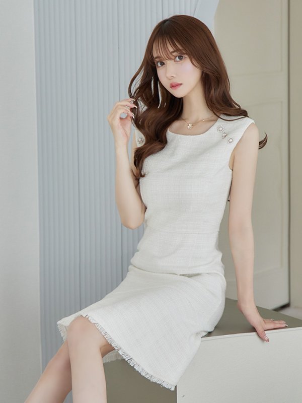 画像3: XS-Lサイズあり【ERUKEI エルケイ】ツイード/ ノースリーブ/ パール/ 膝丈/ ミディアム/ フレア/ ワンピース/ ミニドレス/ キャバドレス[OF2] (3)