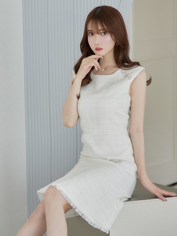 画像5: XS-Lサイズあり【ERUKEI エルケイ】ツイード/ ノースリーブ/ パール/ 膝丈/ ミディアム/ フレア/ ワンピース/ ミニドレス/ キャバドレス[OF2] (5)