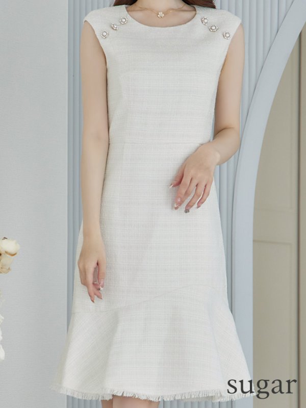 画像18: 門りょうちゃん着用【ERUKEI エルケイ】【XS-Lサイズあり】ツイード/ ノースリーブ/ パール/ 膝丈/ ミディアム/ フレア/ ワンピース/ ミニドレス/ キャバドレス[OF2] (18)