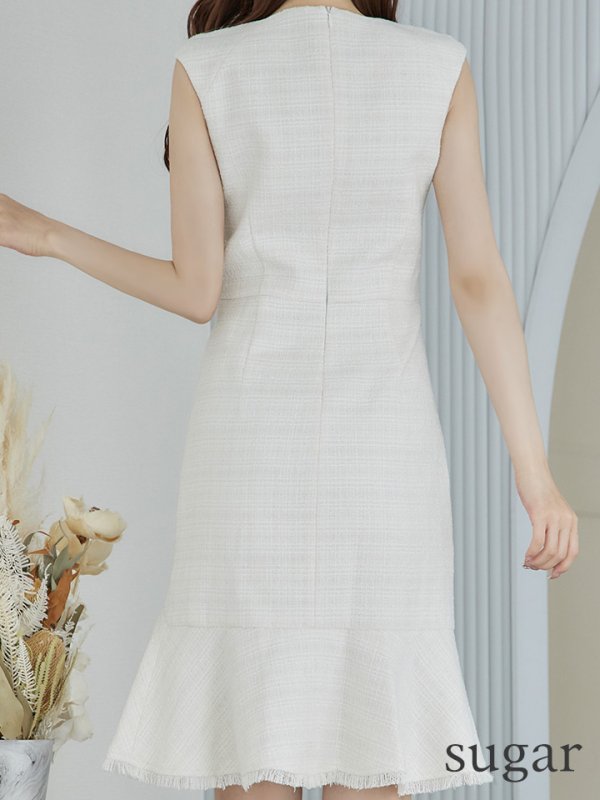 画像19: 門りょうちゃん着用【ERUKEI エルケイ】【XS-Lサイズあり】ツイード/ ノースリーブ/ パール/ 膝丈/ ミディアム/ フレア/ ワンピース/ ミニドレス/ キャバドレス[OF2] (19)