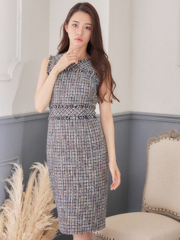 画像6: XS-Lサイズあり【ERUKEI エルケイ】ツイード/ ノースリーブ/ 膝丈/ミディアムタイト/ ワンピース/ ミニドレス/ キャバドレス[OF2] (6)