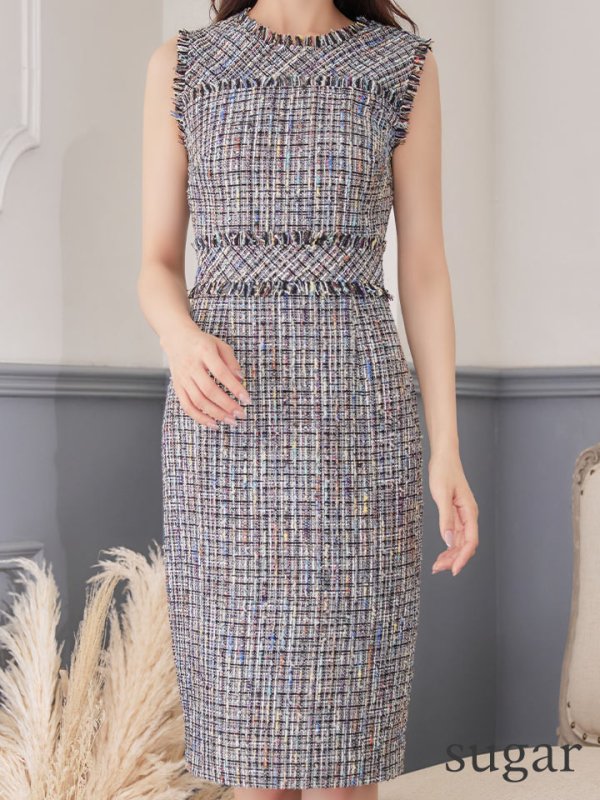 画像8: XS-Lサイズあり【ERUKEI エルケイ】ツイード/ ノースリーブ/ 膝丈/ミディアムタイト/ ワンピース/ ミニドレス/ キャバドレス[OF2] (8)