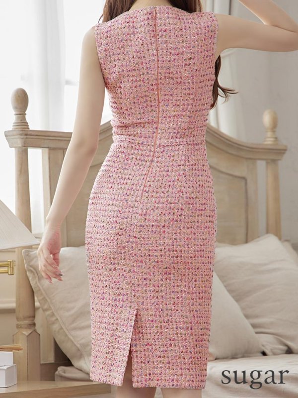 画像21: XS-Lサイズあり【ERUKEI エルケイ】ツイード/ ノースリーブ/ ミディアム丈/ タイト/ ミニドレス/ キャバドレス[OF2] (21)