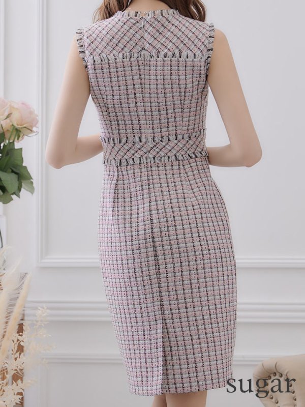 画像43: 【ERUKEI エルケイ】ツイード/ ノースリーブ/ タイト/ ワンピース/ ミニドレス/ キャバドレス[OF2] (43)