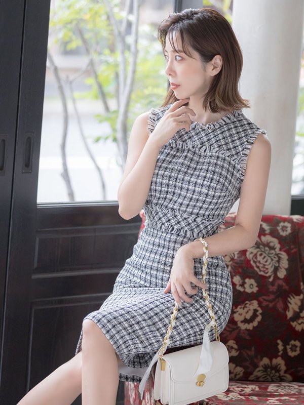 画像11: 【ERUKEI エルケイ】ツイード/ ノースリーブ/ タイト/ ワンピース/ ミニドレス/ キャバドレス[OF2] (11)