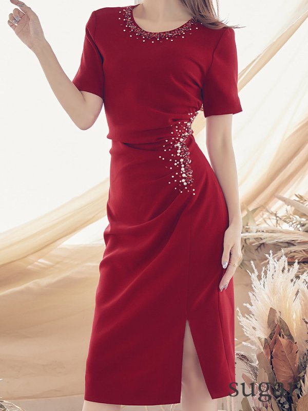 画像9: 【ERUKEI エルケイ】【XS-Lサイズあり】ビジュー/ ワンカラー/ ミディアム/ワンピース/タイト/ 膝丈/ワンピース/ ミニドレス/ キャバドレス[OF2] (9)