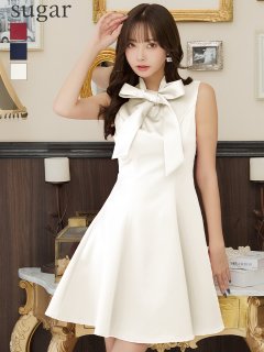 【ERUKEI エルケイ】 シンプル/ ワンカラー/ リボンネック/ ノースリーブ/ Aライン/ ワンピース/ ミニドレス/ キャバドレス