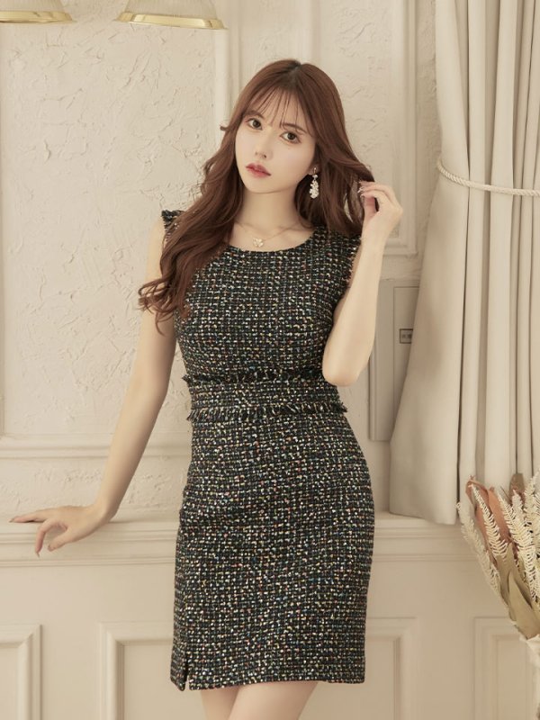 画像14: XS-Lサイズあり【ERUKEI エルケイ】ツイード/ スパンコール/ ノースリーブ/ スリット/ タイト/ ワンピース/ ミニドレス/ キャバドレス[OF2] (14)