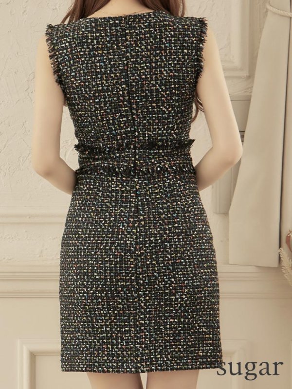 画像17: XS-Lサイズあり【ERUKEI エルケイ】ツイード/ スパンコール/ ノースリーブ/ スリット/ タイト/ ワンピース/ ミニドレス/ キャバドレス[OF2] (17)