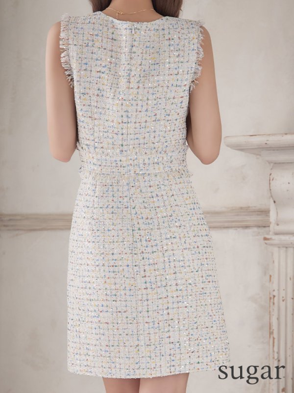 画像26: XS-Lサイズあり【ERUKEI エルケイ】ツイード/ スパンコール/ ノースリーブ/ スリット/ タイト/ ワンピース/ ミニドレス/ キャバドレス[OF2] (26)