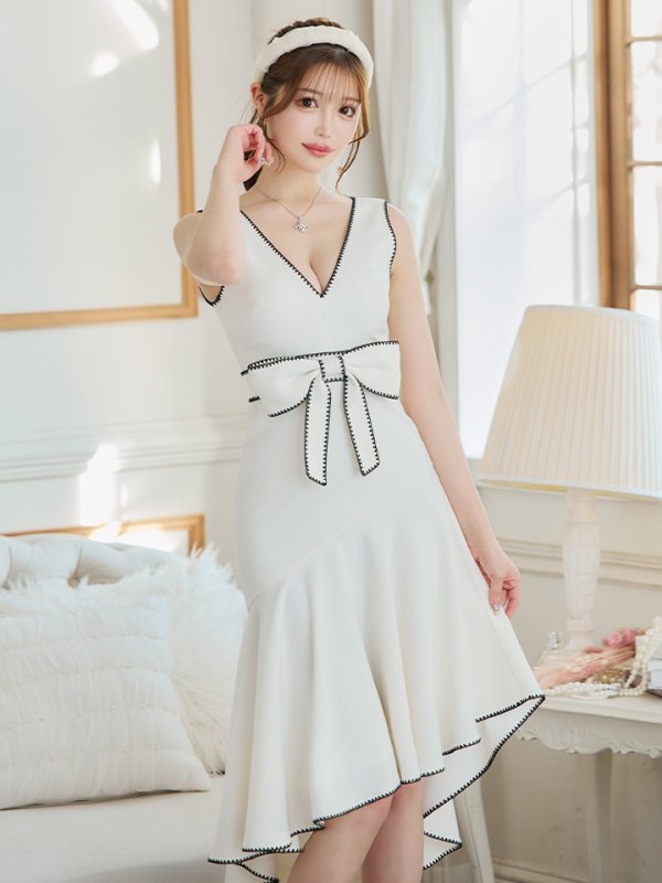 画像3: XS-Lサイズあり【ERUKEI エルケイ】リボンベルト/ Vネック/ ノースリーブ/ テールカット/ ミディアム丈/ ワンピース/ ミディアムドレス/ キャバドレス[OF2] (3)