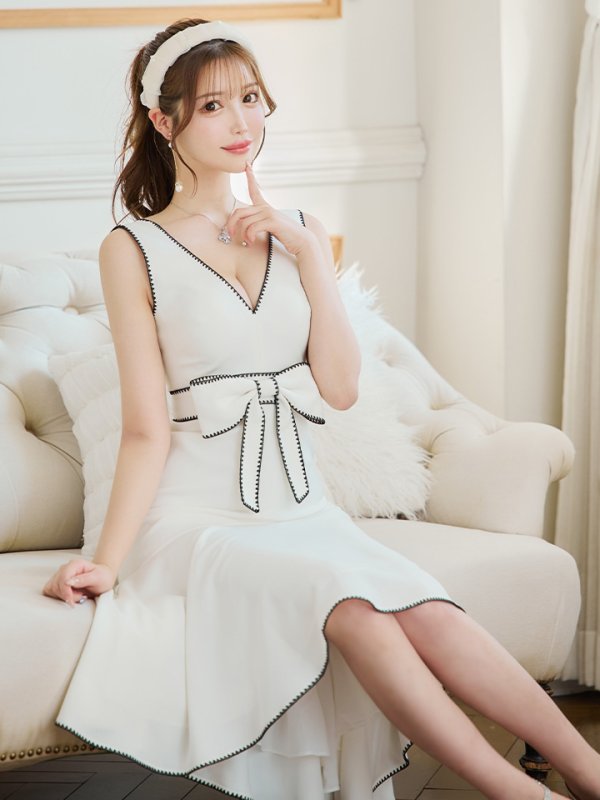 画像5: XS-Lサイズあり【ERUKEI エルケイ】リボンベルト/ Vネック/ ノースリーブ/ テールカット/ ミディアム丈/ ワンピース/ ミディアムドレス/ キャバドレス[OF2] (5)