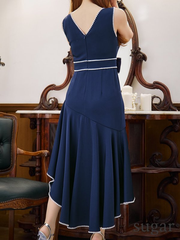 画像20: XS-Lサイズあり【ERUKEI エルケイ】リボンベルト/ Vネック/ ノースリーブ/ テールカット/ ミディアム丈/ ワンピース/ ミディアムドレス/ キャバドレス[OF2] (20)