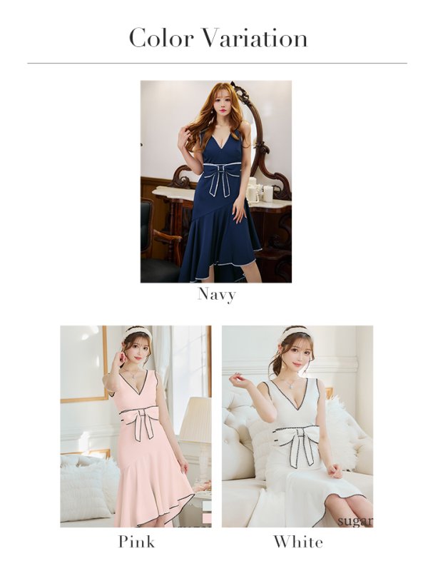 画像23: XS-Lサイズあり【ERUKEI エルケイ】リボンベルト/ Vネック/ ノースリーブ/ テールカット/ ミディアム丈/ ワンピース/ ミディアムドレス/ キャバドレス[OF2] (23)