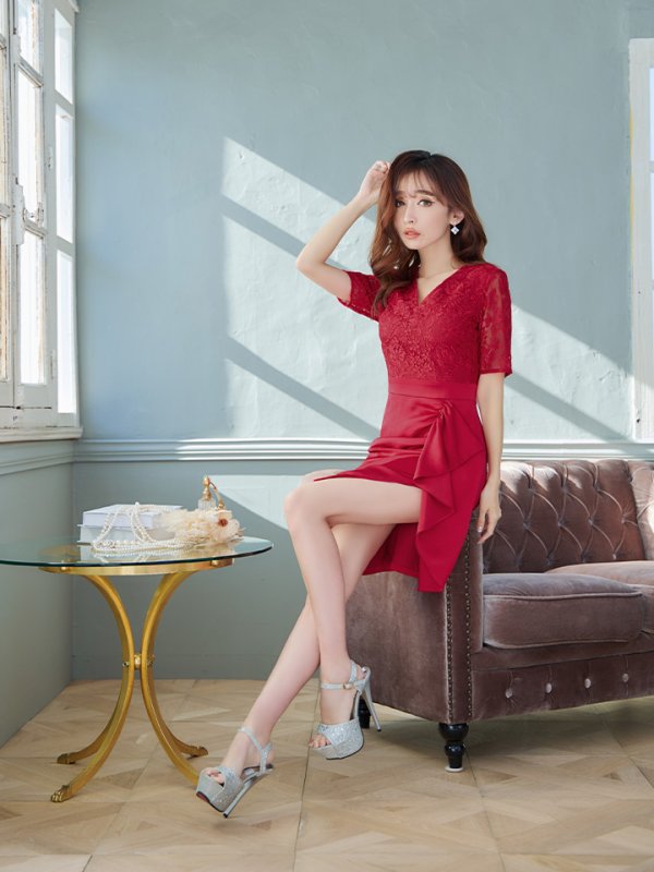 画像3: XS-Lサイズあり【ERUKEI エルケイ】レース/ フリル/ 袖あり/ 長袖/ 膝丈/ミディアムタイト/ ワンピース/ タイト/ ミディアムドレス/ キャバドレス[OF2] (3)