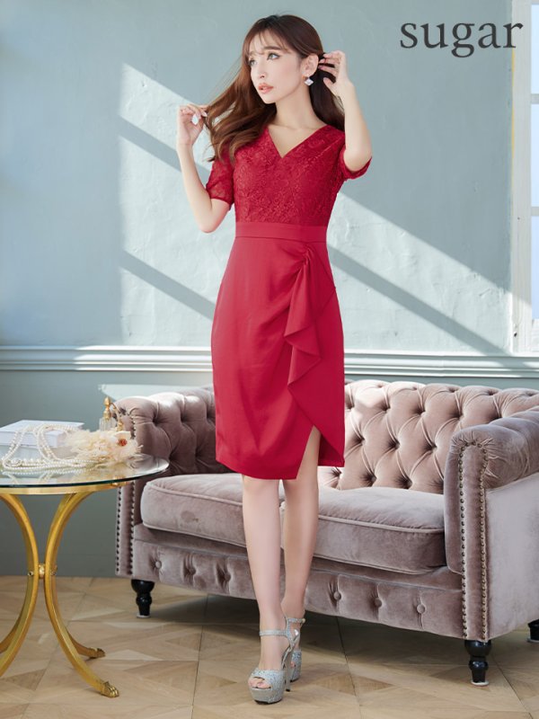 画像7: XS-Lサイズあり【ERUKEI エルケイ】レース/ フリル/ 袖あり/ 長袖/ 膝丈/ミディアムタイト/ ワンピース/ タイト/ ミディアムドレス/ キャバドレス[OF2] (7)