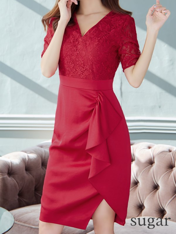 画像8: XS-Lサイズあり【ERUKEI エルケイ】レース/ フリル/ 袖あり/ 長袖/ 膝丈/ミディアムタイト/ ワンピース/ タイト/ ミディアムドレス/ キャバドレス[OF2] (8)