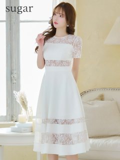 【ERUKEI エルケイ】レース/ 切替/ 半袖/ 袖あり/ ひざ丈/ Aライン/ フレア/ ワンピース/ ミディアムドレス/ キャバドレス