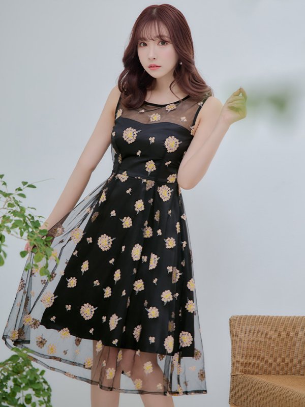 画像2: XSサイズあり【ERUKEI エルケイ】レース/ フラワー刺繍/ ノースリーブ/ 膝丈スカート/ ミディアム丈/ ワンピース/ キャバドレス[OF2] (2)