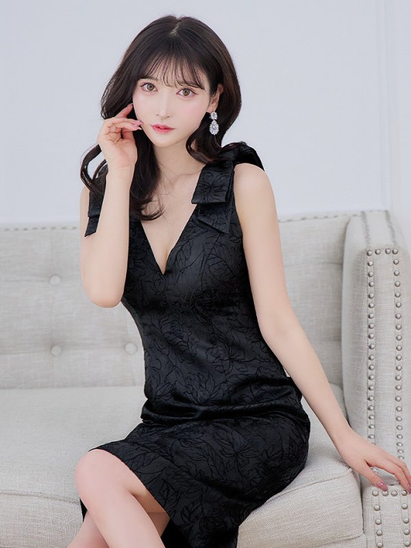 画像2: XS-Lサイズあり【ERUKEI エルケイ】ジャガード/ ショルダーリボン/ ノースリーブ/ ひざ丈/ タイト/ ワンピース/ ミディアムドレス/ キャバドレス[OF2] (2)