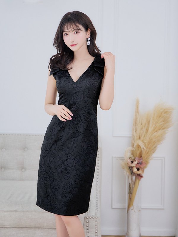 画像3: XS-Lサイズあり【ERUKEI エルケイ】ジャガード/ ショルダーリボン/ ノースリーブ/ ひざ丈/ タイト/ ワンピース/ ミディアムドレス/ キャバドレス[OF2] (3)