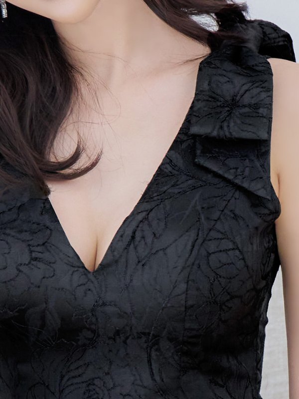 画像6: XS-Lサイズあり【ERUKEI エルケイ】ジャガード/ ショルダーリボン/ ノースリーブ/ ひざ丈/ タイト/ ワンピース/ ミディアムドレス/ キャバドレス[OF2] (6)