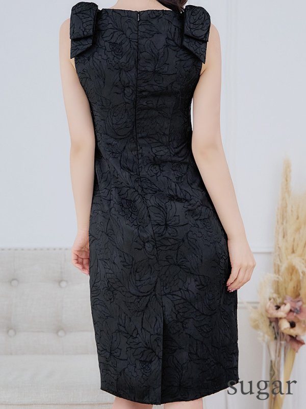 画像9: XS-Lサイズあり【ERUKEI エルケイ】ジャガード/ ショルダーリボン/ ノースリーブ/ ひざ丈/ タイト/ ワンピース/ ミディアムドレス/ キャバドレス[OF2] (9)