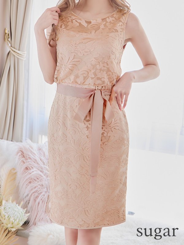 画像17: XS-Lサイズあり【ERUKEI エルケイ】刺繍レース/ リボンベルト/ ノースリーブ/ タイト/ 膝丈/ ミディアムドレス/ キャバドレス[OF2] (17)