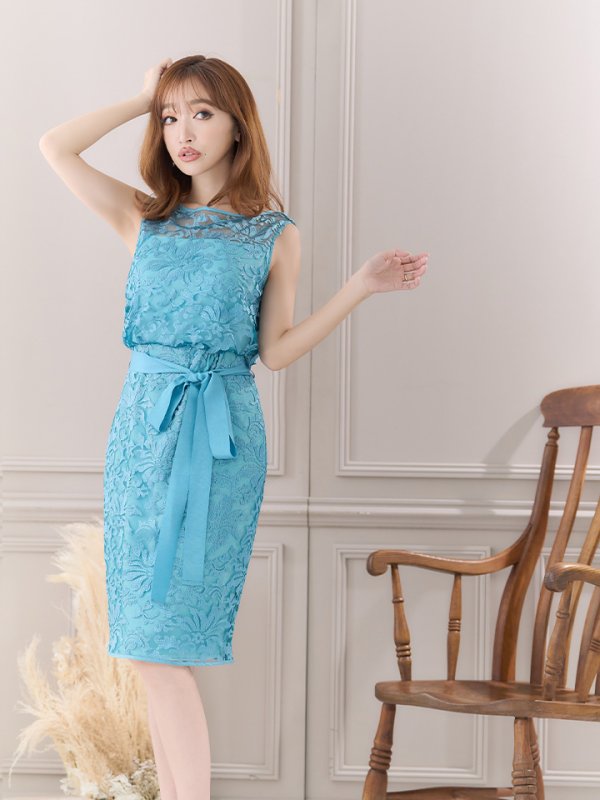 画像6: XS-Lサイズあり【ERUKEI エルケイ】刺繍レース/ リボンベルト/ ノースリーブ/ タイト/ 膝丈/ ミディアムドレス/ キャバドレス[OF2] (6)