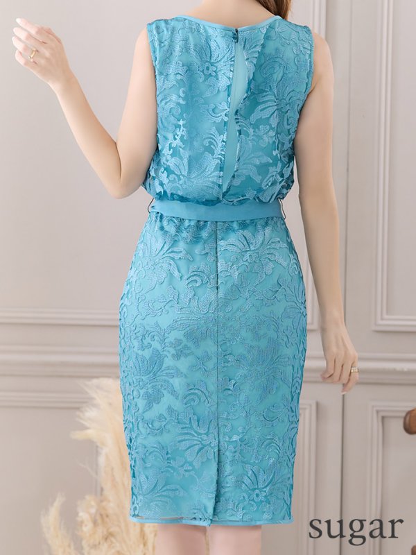 画像9: XS-Lサイズあり【ERUKEI エルケイ】刺繍レース/ リボンベルト/ ノースリーブ/ タイト/ 膝丈/ ミディアムドレス/ キャバドレス[OF2] (9)