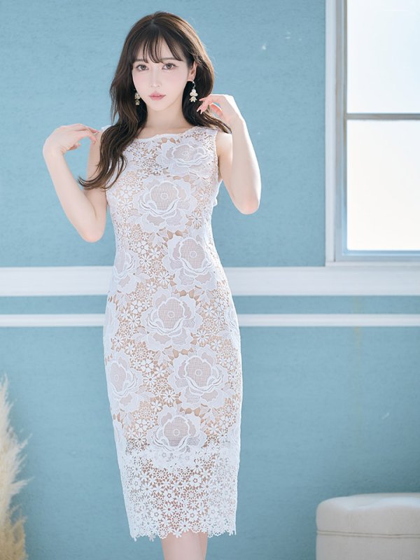 画像11: XS-Lサイズあり【ERUKEI エルケイ】フラワーレース/ ボートネック/ ノースリーブ/ タイト/ 膝丈/ ワンピース/ ミディアムドレス/ キャバドレス[OF2] (11)