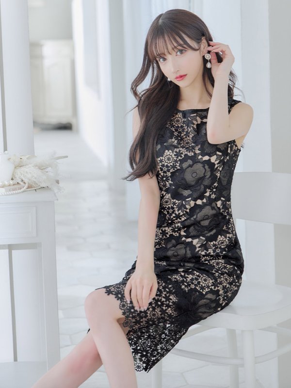 画像6: XS-Lサイズあり【ERUKEI エルケイ】フラワーレース/ ボートネック/ ノースリーブ/ タイト/ 膝丈/ ワンピース/ ミディアムドレス/ キャバドレス[OF2] (6)