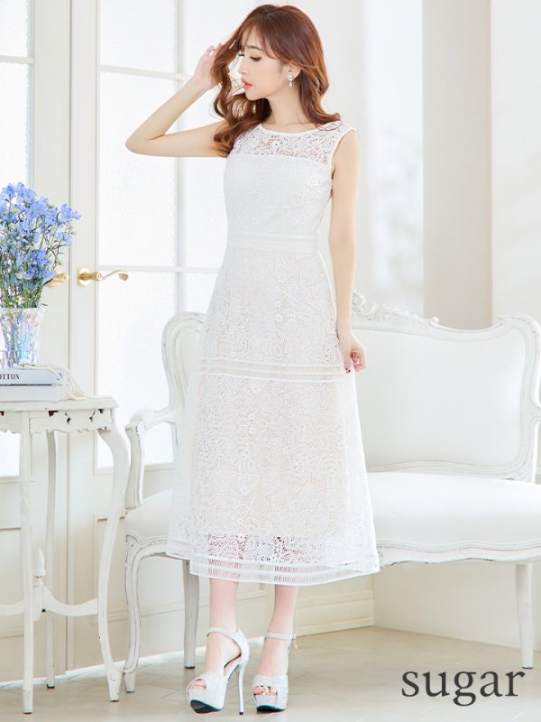 画像7: XS-Lサイズあり 【GINZA COUTURE/銀座クチュール】ボートネック/ 総レース/ ワンカラー/ ノースリーブ/ ミモレ丈/マキシ丈/ Aライン/ ワンピース/ ミディアムドレス/ キャバドレス[OF2] (7)