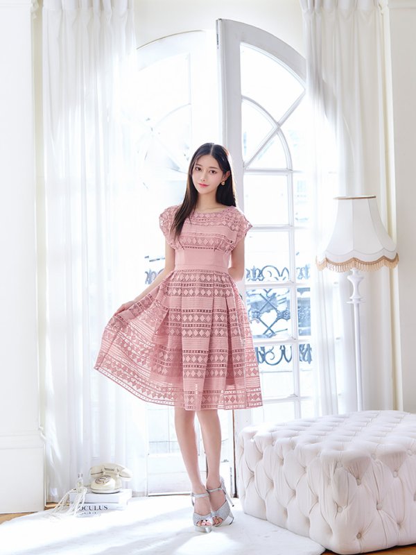 画像14: XSサイズあり【ERUKEI エルケイ】フレンチスリーブ/ ケミカルレース/ ボートネック/ Aライン/ フレア/ ワンピース/ ミディアムドレス/ キャバドレス[OF2] (14)