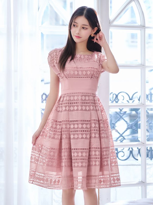 画像15: XSサイズあり【ERUKEI エルケイ】フレンチスリーブ/ ケミカルレース/ ボートネック/ Aライン/ フレア/ ワンピース/ ミディアムドレス/ キャバドレス[OF2] (15)