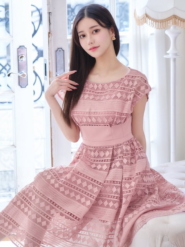 画像18: XSサイズあり【ERUKEI エルケイ】フレンチスリーブ/ ケミカルレース/ ボートネック/ Aライン/ フレア/ ワンピース/ ミディアムドレス/ キャバドレス[OF2] (18)