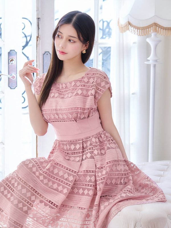 画像19: XSサイズあり【ERUKEI エルケイ】フレンチスリーブ/ ケミカルレース/ ボートネック/ Aライン/ フレア/ ワンピース/ ミディアムドレス/ キャバドレス[OF2] (19)