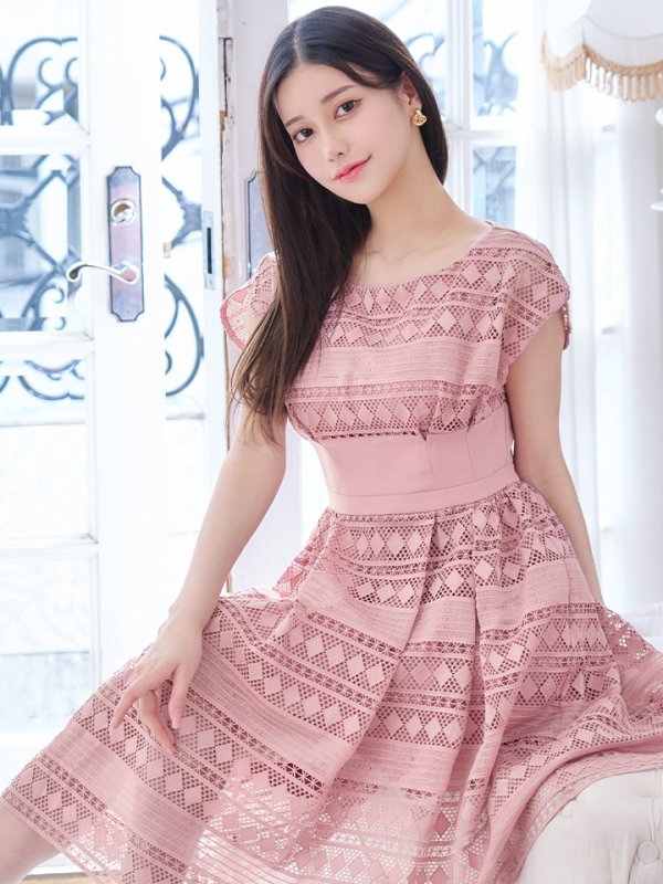 画像20: XSサイズあり【ERUKEI エルケイ】フレンチスリーブ/ ケミカルレース/ ボートネック/ Aライン/ フレア/ ワンピース/ ミディアムドレス/ キャバドレス[OF2] (20)