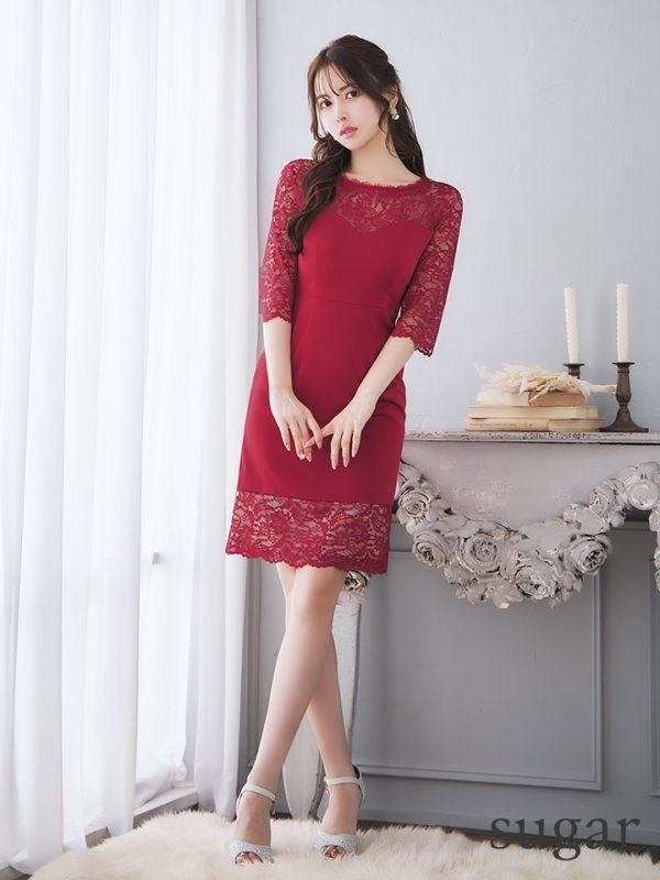 画像23: XS-Lサイズあり【ERUKEI エルケイ】レース/ 切替/ ハーフスリーブ/ ひざ丈/ タイト/ ワンピース/ ミディアムドレス/ キャバドレス[OF2] (23)