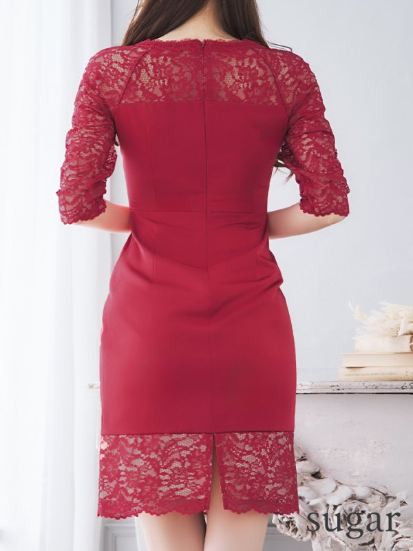 画像25: XS-Lサイズあり【ERUKEI エルケイ】レース/ 切替/ ハーフスリーブ/ ひざ丈/ タイト/ ワンピース/ ミディアムドレス/ キャバドレス[OF2] (25)