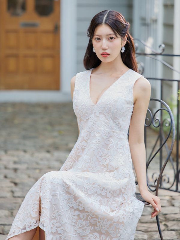 画像16: 【ERUKEI エルケイ】フラワーレース/ テールカット/ ノースリーブ/ Vネック/ ミディアム丈/ ミモレ丈/ フレア/ ワンピース/ ミディアムドレス/ キャバドレス[OF2] (16)