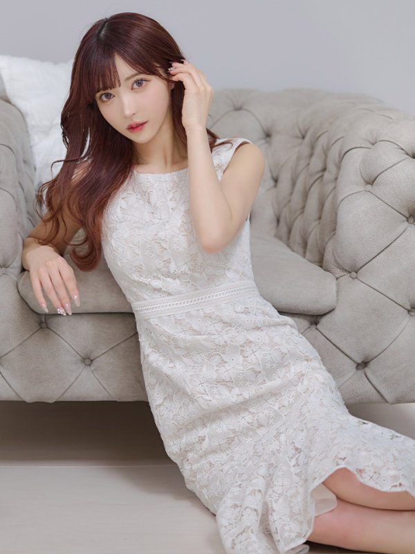 画像2: XS-Lサイズあり【ERUKEI エルケイ】マーメイド/ ノースリーブ/ フラワーレース/ ワンピース/ 裾フリル/ ミディアムドレス/ キャバドレス[OF2] (2)