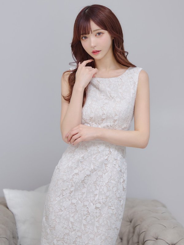 画像5: XS-Lサイズあり【ERUKEI エルケイ】マーメイド/ ノースリーブ/ フラワーレース/ ワンピース/ 裾フリル/ ミディアムドレス/ キャバドレス[OF2] (5)