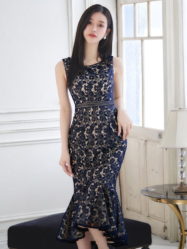 画像15: XS-Lサイズあり【ERUKEI エルケイ】マーメイド/ ノースリーブ/ フラワーレース/ ワンピース/ 裾フリル/ ミディアムドレス/ キャバドレス[OF2] (15)