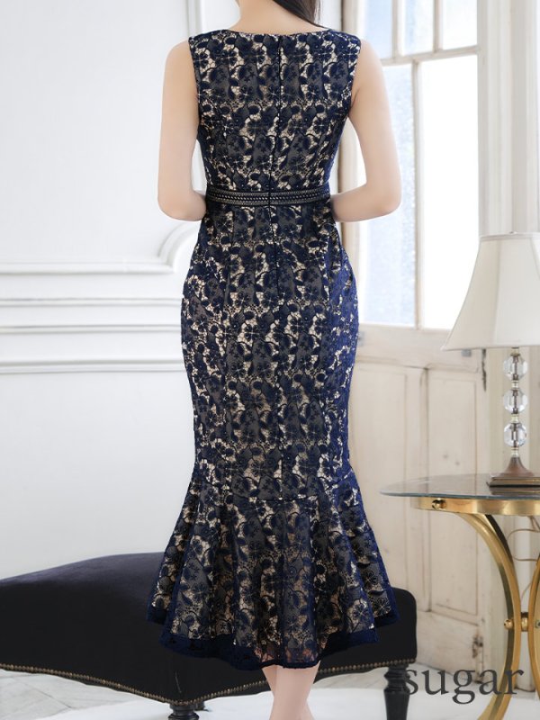 画像21: XS-Lサイズあり【ERUKEI エルケイ】マーメイド/ ノースリーブ/ フラワーレース/ ワンピース/ 裾フリル/ ミディアムドレス/ キャバドレス[OF2] (21)