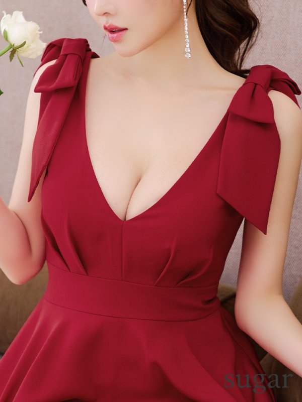 画像12: XS-Lサイズあり【ERUKEI エルケイ】ショルダーリボン/ ノースリーブ/ Vネック/ ハイウエスト/ Aライン/ ワンピース/ ミディアムドレス/ キャバドレス[OF2] (12)