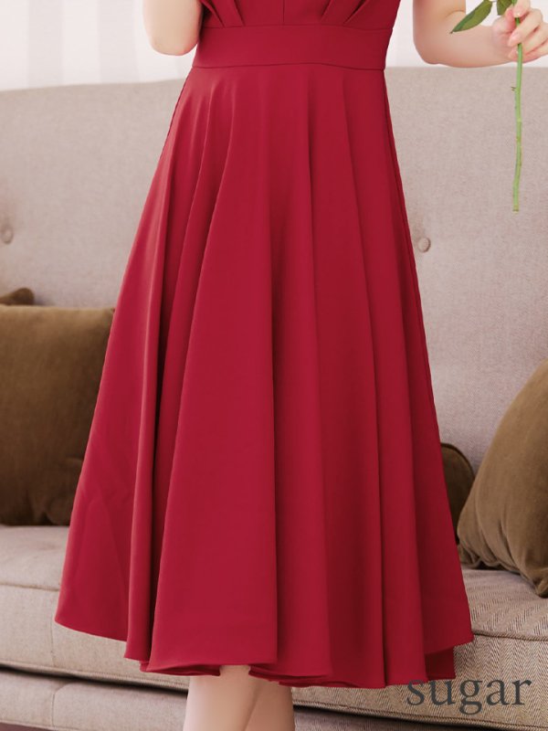 画像13: XS-Lサイズあり【ERUKEI エルケイ】ショルダーリボン/ ノースリーブ/ Vネック/ ハイウエスト/ Aライン/ ワンピース/ ミディアムドレス/ キャバドレス[OF2] (13)