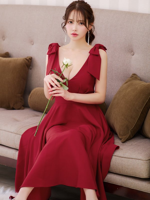 画像3: XS-Lサイズあり【ERUKEI エルケイ】ショルダーリボン/ ノースリーブ/ Vネック/ ハイウエスト/ Aライン/ ワンピース/ ミディアムドレス/ キャバドレス[OF2] (3)