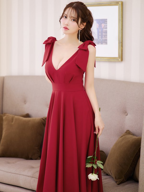 画像4: XS-Lサイズあり【ERUKEI エルケイ】ショルダーリボン/ ノースリーブ/ Vネック/ ハイウエスト/ Aライン/ ワンピース/ ミディアムドレス/ キャバドレス[OF2] (4)